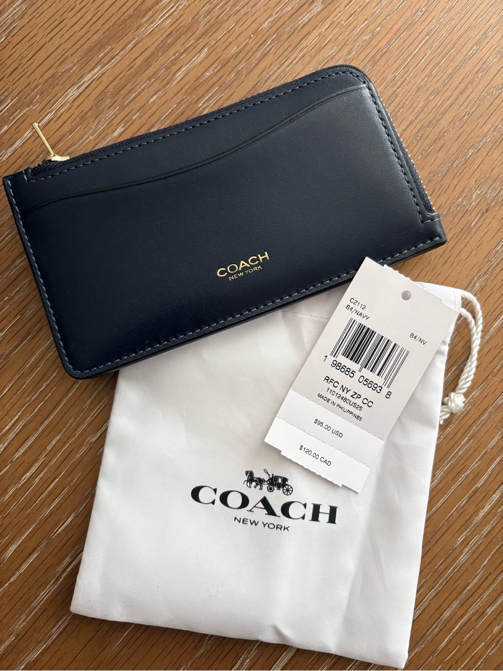 Coach Navy Leather Zip Card Holder with Gold Logo